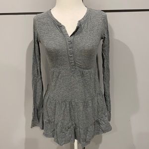 Grey long sleeve Henley layered ruffle shirt size extra small 100% cotton